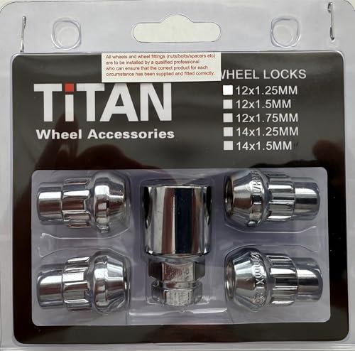TITAN Alloy Wheel Locking Nuts - Fits Ford | Honda | Mazda | Mitsubishi | Toyota - M12x1.5 - Tapered - Silver/Chrome