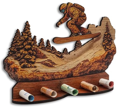 DRO Design Geldgeschenke, Geschenkverpackung Holz-Optik Snowboard Motiv – Bargeldgeschenk, Geldpräsent, Kreatives Geldgeschenk, Geburtstag, Hochzeit, Weihnachten