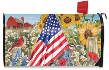 FAZKAR Spring Summer Mailbox Covers Magnetic Standard Size 18 x 21 Inch Flowers and American Flag Mailbox Wrap Rustic Waterproof Floral Post Letter Box Cover Wrap Decoration for Garden