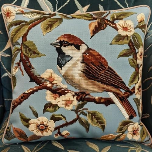 Rqwybcaxn Tier Diy Knüpfkissen Zum Selber Knüpfen Knüpfhaken-Set,Spatz Vogel Baum Ast,Knüpfhaken,Kissen-Stickset,Bastel- Und Heimdekoration,Latch Hook Kit,43X43Cm