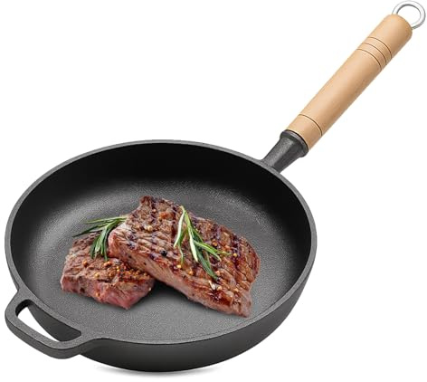 Hengrongshen Padella Ghisa, 25cm Cast Iron Pan Antiaderente Naturale & Senza Rivestimento Chimico, Padella in Ghisa Pura Forgiata Compatibile con Induzione, Elettrico e Gas