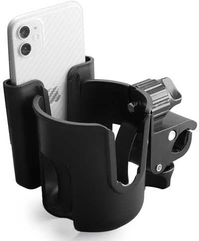 WHLICKS 2-in-1 Walker Cup Holder with Detachable Phone Holder，Fit for Wheelchair, Rollator, Scooter, Bike, Mobility, Camper, Stroller with Sturdy,Rotatable,Adjustable and Anti - Slip Clip
