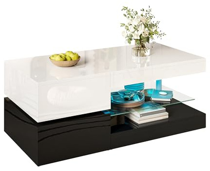 BTM Moderner Couchtisch mit LED-Ambientebeleuchtung, APP- und Bluetooth-Steuerung, Glasablage & Hochglanz-Oberfläche, Schwarz-Weiß-Design für Wohnzimmer, 90x45x35,5 cm