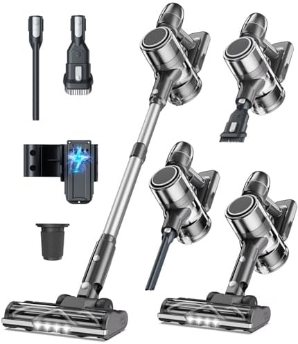 Syntecno Aspiradora Sin Cable Aspirador Escoba - Aspiradoras de Mano Vertical Electricas Cordless Vacuum Cleaner Potente Inalámbrica de Pie Bateria con Cepillo para Pelos de Mascota Suelo y Alfombra