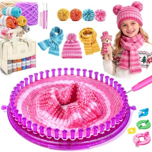 MIAOKE 96 Teiliges Strickring Set, Strickset, Strickrahmen, Handstricker | Werkzeug mit Garn Häkelnadel und Pompon-Maker, Perfekt Herstellen von Schals und Mützen, DIY-Bastelset für Anfänger
