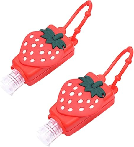 2 flaconi vuoti per disinfettante per le mani a forma di fragola, con custodia in silicone ricaricabile, a prova di perdite, con tappo a scatto, portachiavi, porta sapone per le mani, contenitori per