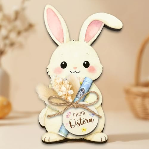 Geldgeschenk Ostern aus Holz Hase, Farbiger Osterhase mit Trockenblumen & Geschenkanhänger, Kreative Ostergeschenke für Kinder, Erwachsene