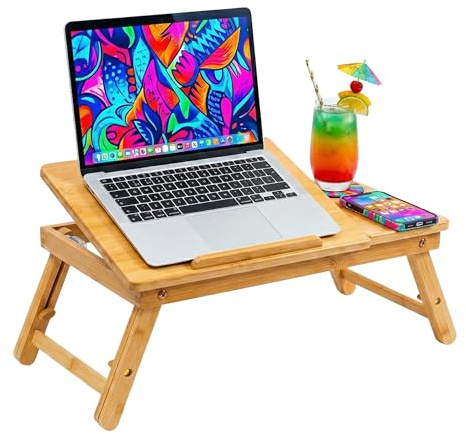Relaxdays Laptop-Ständer, für 11,6-17,3 Zoll, Natur | höhenverstellbarer Laptophalter, Getränkehalter, Schublade, Bambus