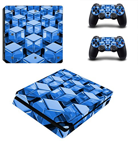Morbuy PS4 Slim Skin Vinyl Autocollant Decal Sticker pour Playstation 4 Slim Console + 2 Dualshock Manette Set (Blue Cube)