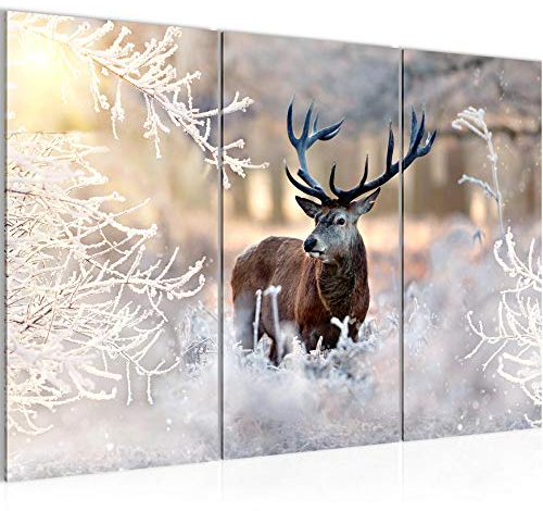 Runa Art Hiver Cerf Peinture Tableau Salon XXL Beige Forêt La Nature 120 x 80 cm 3 Parties Decoration Murale 004131a