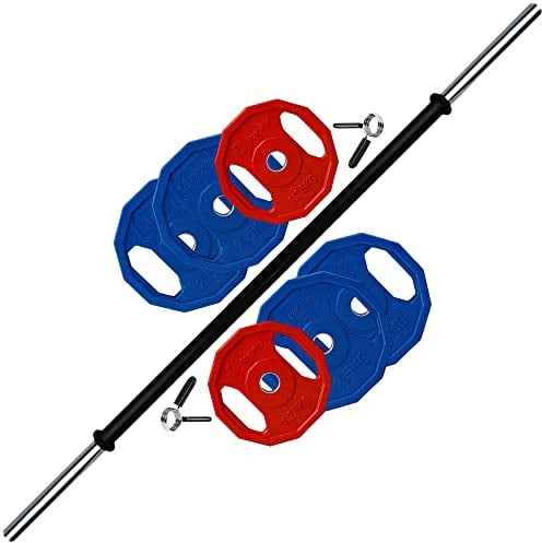 BodyRip 12.5kg Polygonal Standard Barbell | 1 Studio Foam Bar, 2 Spring Clip, Colour Disc Plates Set | Home Gym, Fitness Strength, Exercise Fat Loss, Workout Lifting