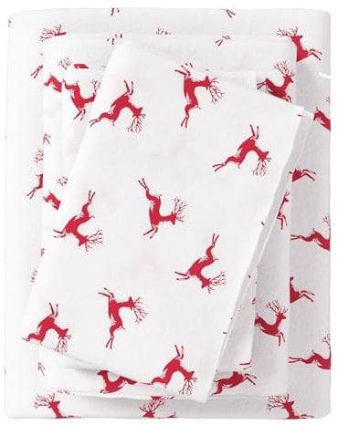 Great Bay Home Set di lenzuola in flanella per letto matrimoniale, 100% cotone turco, matrimoniale, spazzolato, stampato, ultra morbide, comode, set di biancheria da letto da 4 pezzi (renne)