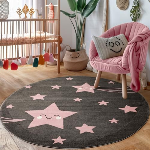 Carpettex Kinderteppich süße Stern Design Pink 160 cm Rund - Kurzflor Teppich Kinderzimmer für Mädchen und Jungen Pflegeleicht Weich - Waschbarer Spielteppich Babyteppich Gaming Teppich Babyzimmer