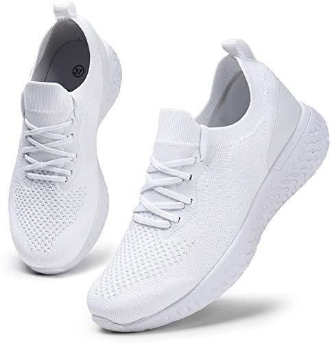 HKR Damen Sportschuhe Atmungsaktiv Gym Turnschuhe Leichtgewicht Laufschuhe Lace Up Freizeitschuhe Trainer Outdoor Sneaker für Damen Weiß 37 EU