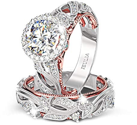 Jeulia 4 Carat Openwork Ring Sets for Women 925 Sterling Silver Wedding Sets Rose Gold Round Cut Halo Engagement Ring White Diamond Band CZ Solitaire Anniversary Promise Rings (Q-½)