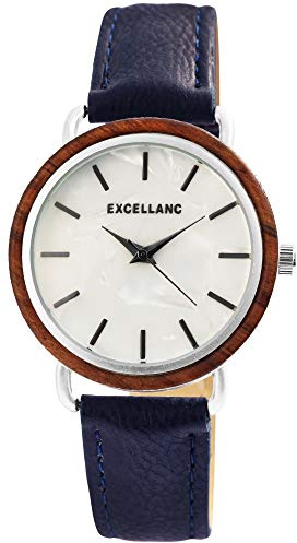 Excellanc Damen – Uhr Lederimitations Armbanduhr Holz-Ring Analog Quarz 1900244 (Blau/Silberfarbig)