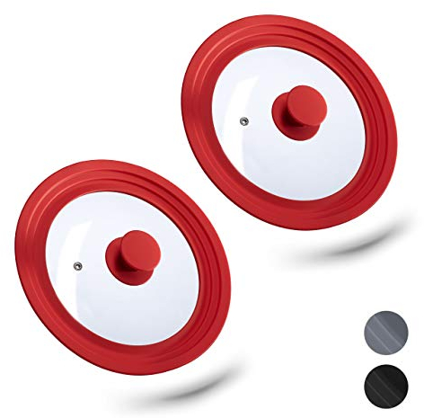 Relaxdays Lot de 2 couvercles universels, Verre, Universel, Rebord Silicone, Trou Vapeur, Casseroles, poêles, D 20-24 cm, Rouge