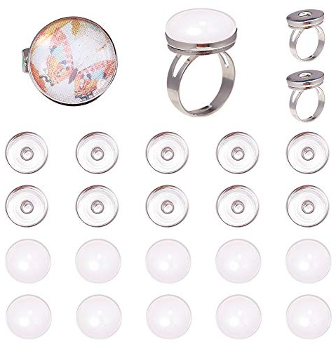 SUNNYCLUE 1 Box 62-Teiliger Knopf Cabochon Fingerring 19 mm (0.75 Zoll) Verstellbare Ringkomponenten Mit Glaskabochons Und Messing-Druckknöpfen Basislünette Tablett Einstellungen Schmuckherstellung