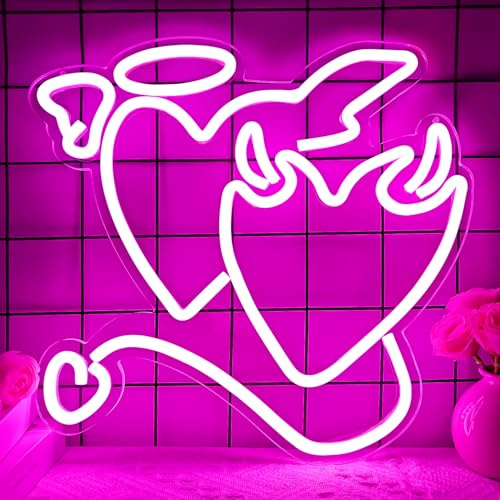 Rosa Neonschild Engel Dämon Neon Schilder Herz Neon Schilder für Schlafzimmer 35,6 x 33,6 cm Acryl Liebe Neon Schild Hochzeit Neon Licht Schild für Wand Dekoration Bar Wohnzimmer Valentinstag Mädchen