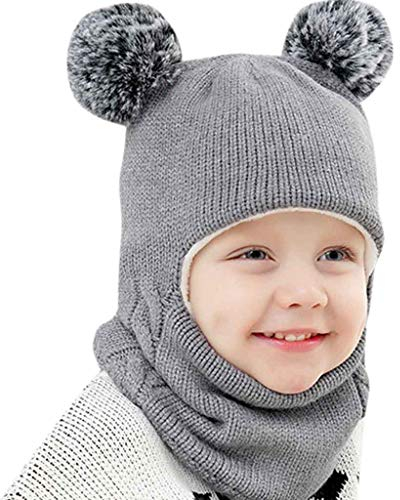 QinMMSPORTS Baby Mädchen Jungen Schalmütze Kleinkind Schlupfmütze Warm Niedlich Wintermütze Kinder Strickmütze mit Bommel Kleinkind Mütze Beanie Hut für Baby 2-7 Jahre (Grau, Einheitsgröße)