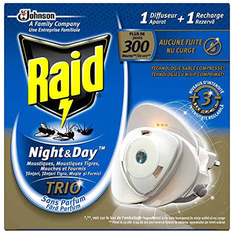 Raid Diffuseur Électrique à Sable Compressé, Anti-Moustiques, Moustiques Tigres, Mouches et Fourmis, 1 Recharge, Night & Day Trio, Insecticide