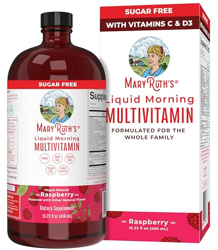 MaryRuth Organics, Liquid Morning Multivitamin Essentials+, Essential Vitamins & Minerals, Sugar Free, Raspberry Flavour, 450ml, Vegan, Gluten Free | For Women, Men & Kids