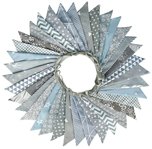 G2PLUS 36PCS Grey Fabric Bunting Banner, 10M Two Layer Triangle Flag Garland, 17x19CM Double Sided Large Floral Pennants for Wedding Birthday Parties Decoration