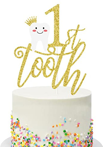 Tortenaufsatz Erster Zahn 1. Zahnen Party Dekoration Vormontiert Doppelseitig Gold Glitter