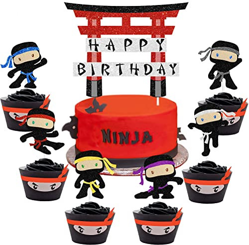 7 Pieces Ninja Happy birthday Cake Topper Decor Kit - kung fu ninja competition theme Samurai Birthday Party Decoration