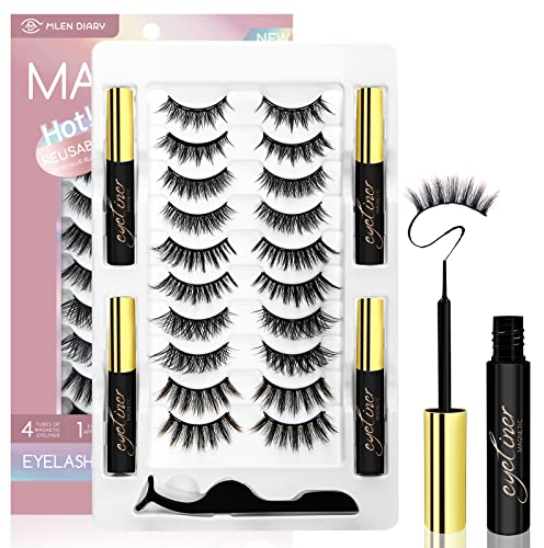 Mlen Diary Magnetische Wimpern mit 4 Eyeliners 5 Mixed Styles Magnetische Falsche Wimpern Natural Look Wimpern 10 Pairs (8 black+ 2 color)
