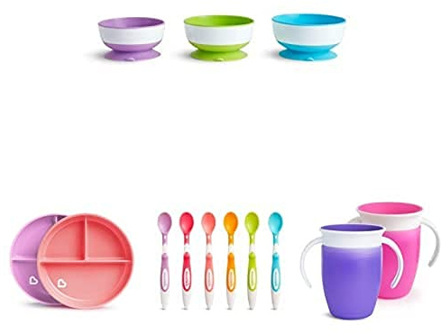 Munchkin Lot de 3 ventouses Stay Put avec ventouse, Rose&Violet, Lot de 6 cuillères pour bébé à extrémité souple, Tasse d'Apprentissage Miracle 360, Rose&Violette