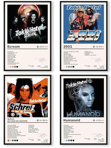 Tokio Hotelposter Rockband Poster, Albumcover, Poster für Zimmer, ästhetisch, limitierte Auflage, HD-Schlafzimmer, Musikdekoration, Kunst (4er-Set, 20,3 x 30,5 cm, ungerahmt)