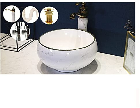 Évier Lavabo Comptoir Monté en Céramique, Salle De Bains Lavabo Lavabo Brillant Blanc Forme Ronde Autonome