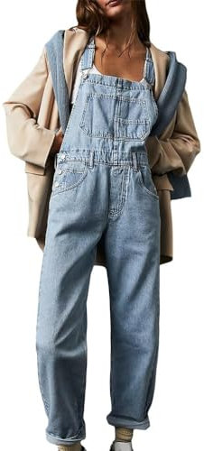 shownicer Salopette Casual Stretch Denim Donna Jeans Tuta con Tasche Ragazza Sciolto Overall Lunga Casual Pantaloni Jumpsuit A Azzurro M