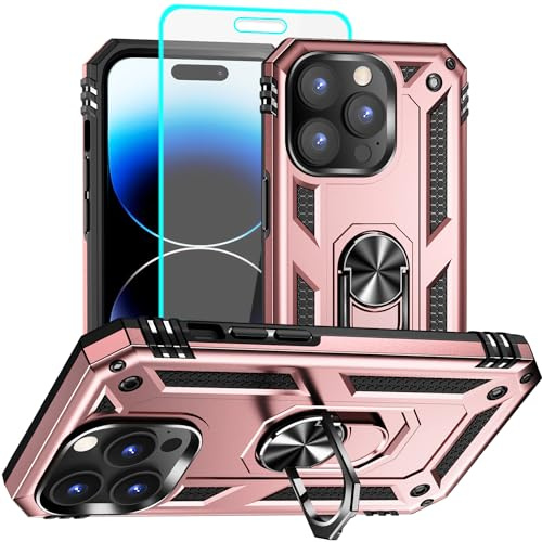 Aozuoton for iphone 14 Pro Case, iphone 14 Pro Phone Case with HD Screen Protector, [Military Grade 16ft. Drop Tested] Ring Shockproof Protective Phone Case for iphone 14 Pro,Rose Gold