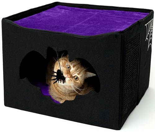 Littlesy Gothic Cat Bed, Foldable Halloween House, 17x17x12.8, Bat-Shaped Entry, Spider Toy, Scratch Pad, Soft Cushion, Black and Purple