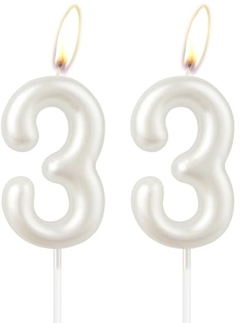Pearl White Birthday Candle, White Happy Birthday Number 33 Candle, Cake Candle Topper for Girls, Wedding Anniversary Commemoration