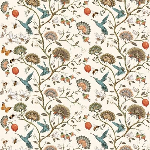 Papel Pintado Flores y Pajaros Beige,44 x 600cm Papel Pintado Hojas Mariposas Abeja Azul y Naranja Papel Adhesivo para Muebles Vinilo Adhesivo Muebles Autoadhesivo Papel Pintado Baño Dormitorio
