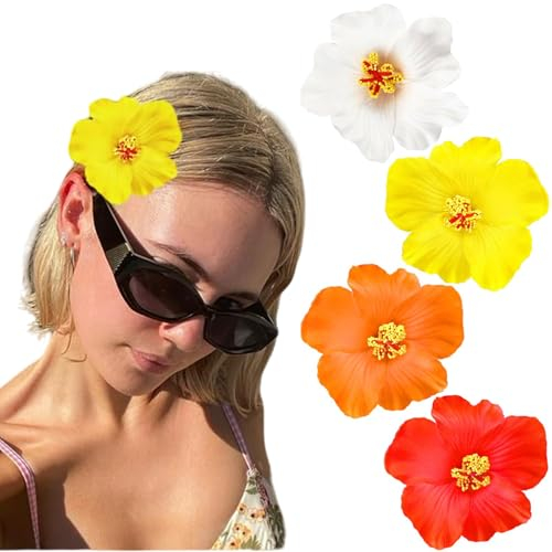 Hebterrka Lot de 4 pinces à cheveux en forme de fleurs hawaïennes pour femme Plumeria Hibiscus Pinces à cheveux roses 8,9 cm