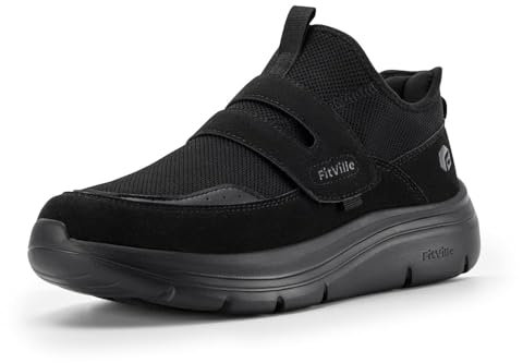 FitVille Men's Extra Wide Width Slip-on Trainers with Adjustable Straps, Easy on & Off Comfortable Walking Shoes for Swollen Feet, Cloud Wanderer V5 X-Wide 11 UK Jet Black
