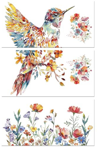 Peacoblue UV DTF Rub-On Transferfolie Möbel-Sticker Vogel und Blumen Muster 15x30cm, 3 Stk. Wasserfeste Deko-Transferaufkleber für Möbel Glas Gläser Porzellan Wäscheschränke Kommoden Holz Kunststoff