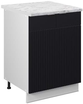 Vicco Küchenunterschrank Fame-Line, Schwarz gestreift, 60 cm | MDF-Front · AP Marmor inkl. · Höhenverstellbare Füße · Metallgriffe · Soft-Close