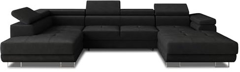 Wohnlandschaft Caris U mit Schlaffunktion und einstellbare Kopfstützen, Ecksofa mit Zwei Bettkästen, Couch, Sofa, Bettsofa (Schwarz (Kronos 07), Ecksofa Rechts)