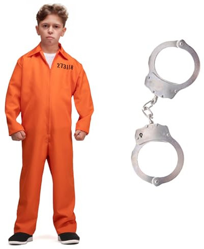 My Illusions Kids Prisoner Costume with Handcuffs Boys Convict Jumpsuit Outfit World Book Day or Halloween Fancy Dress (XL 11-13 Years)