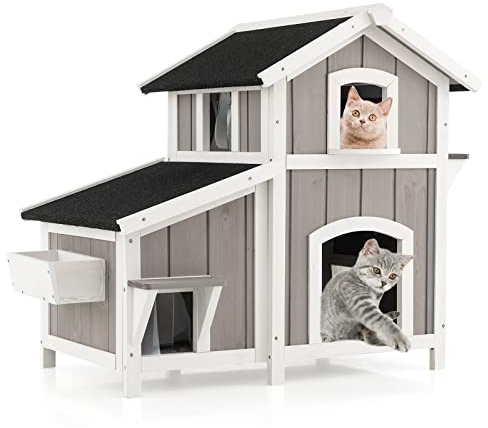 GOPLUS Maison pour Chat Exterieur à 2 Étage en Bois Surélevée, 101x64x83CM | Niche pour Chat Exterieur, Toit en Asphalte, Portes d’Évasion, Rideaux PVC, Plateforme à 2 Niveaux, Interieur, Exterieur