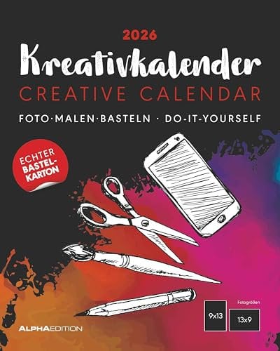 Alpha Edition - Kreativ-Kalender Tischaufsteller Hoch Schwarz 2026 – Bastelkalender 16×20 cm mit weißer Schrift, zum Aufstellen & Aufhängen, ideal für ... kreative DIY-Geschenke: Bastelpapier schwarz