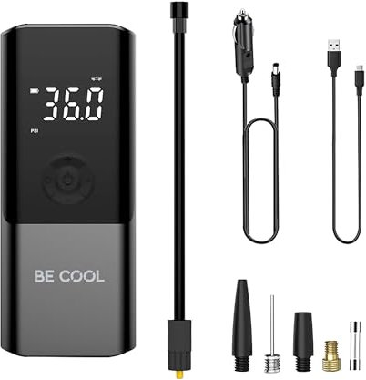 BE COOL Akku-Luftpumpe, Digitale Luftpumpe mit 3x1500mAh, 60W, 150 PSI, für Reifen, Bälle, Fahrradreifen, inklusive Düsen-Adapter und Ladekabel