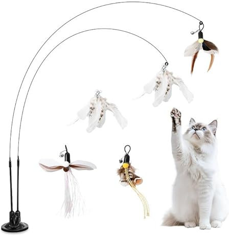 Wisebom Jouet pour Chat Jeu Chat Interactif Peche Chat avec Puissante Ventouse Jouet à Plumes pour Chats, 2xChat Canne à Pêche, 2xJouet à Plumes, 3×Jouets d'Insectes Volants