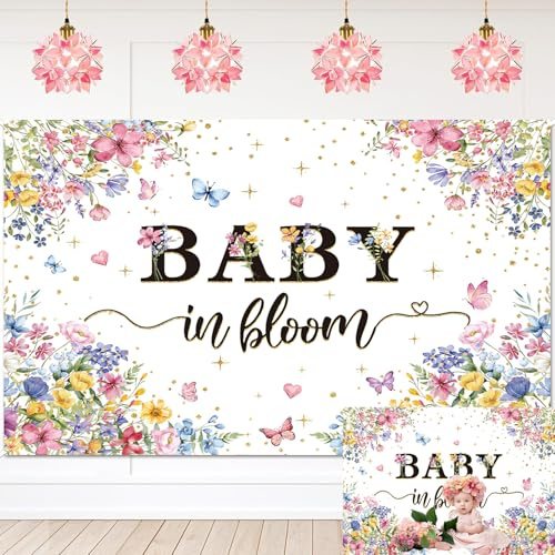 Baby in Bloom Backdrop Spring Floral Gold Glitter Butterfly Wildflower Baby Shower Party Photography Background Girls Baby Shower Newborn Birthday Party Decorations Background (7X5FT (210x150cm))