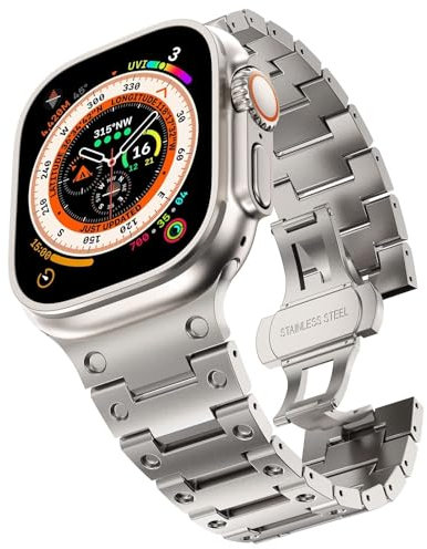 TWRQA Correa de acero inoxidable para Apple Watch Ultra 2 Band 49 mm 45 mm 44 mm 42 mm, correa de metal con cierre plegable para Apple Watch Series 9 8 7 6 5 4 3 2 1 Ultra/Ultra 2 Men(CASI-Titanium)